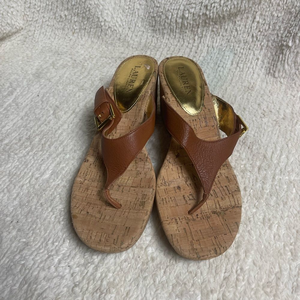 LAUREN Ralph Lauren Oralee Platform Cork Wedge Thong Leather tan sandals. SZ10B